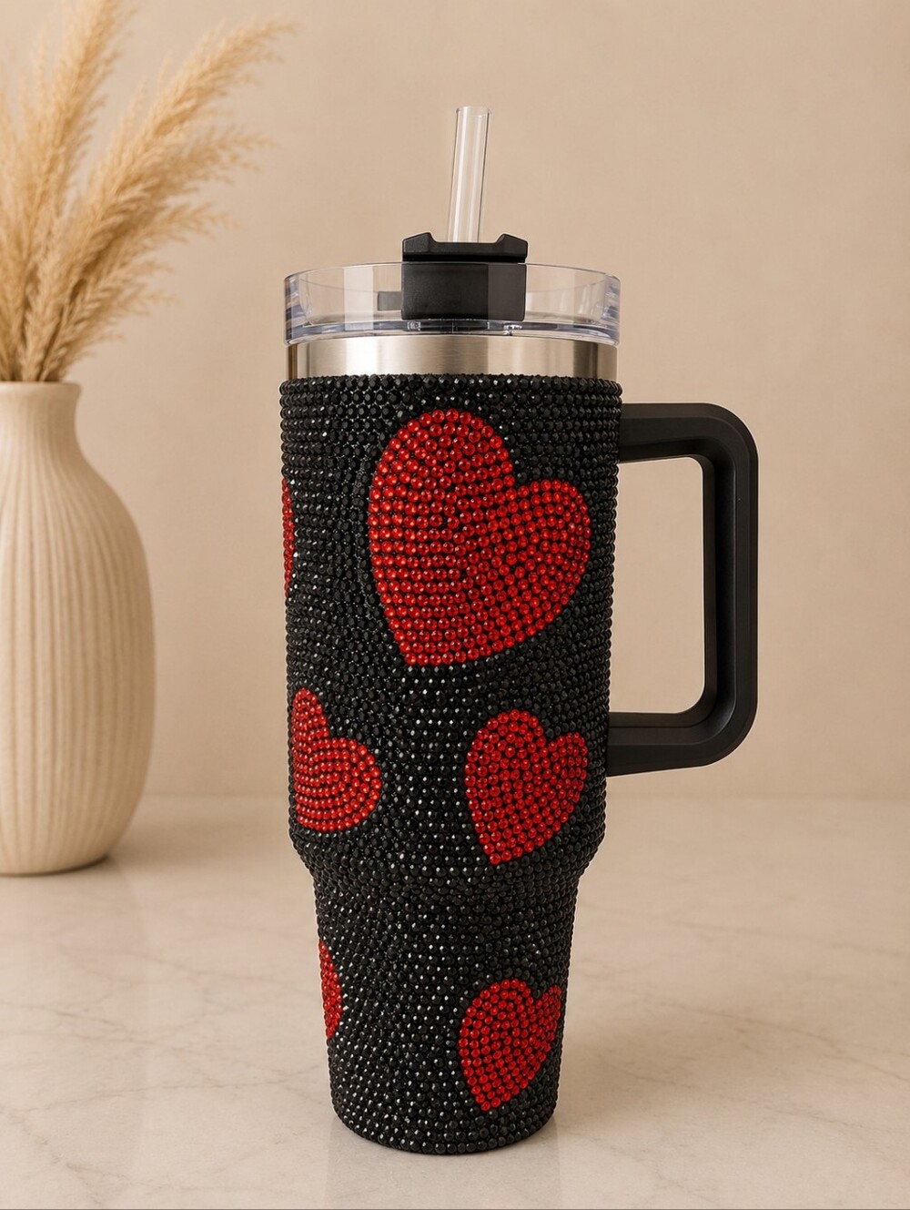 Black Rhinestone Tumbler with Red Heart Design
